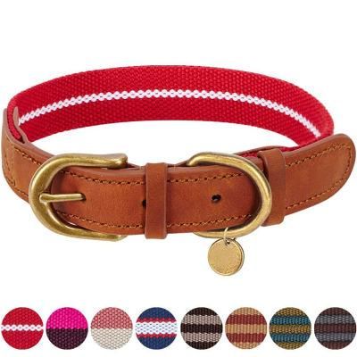 Multicolor Durable Genuine Leather Luxury Cowhide Nylon Pet Dog Collar with Copper Buckle