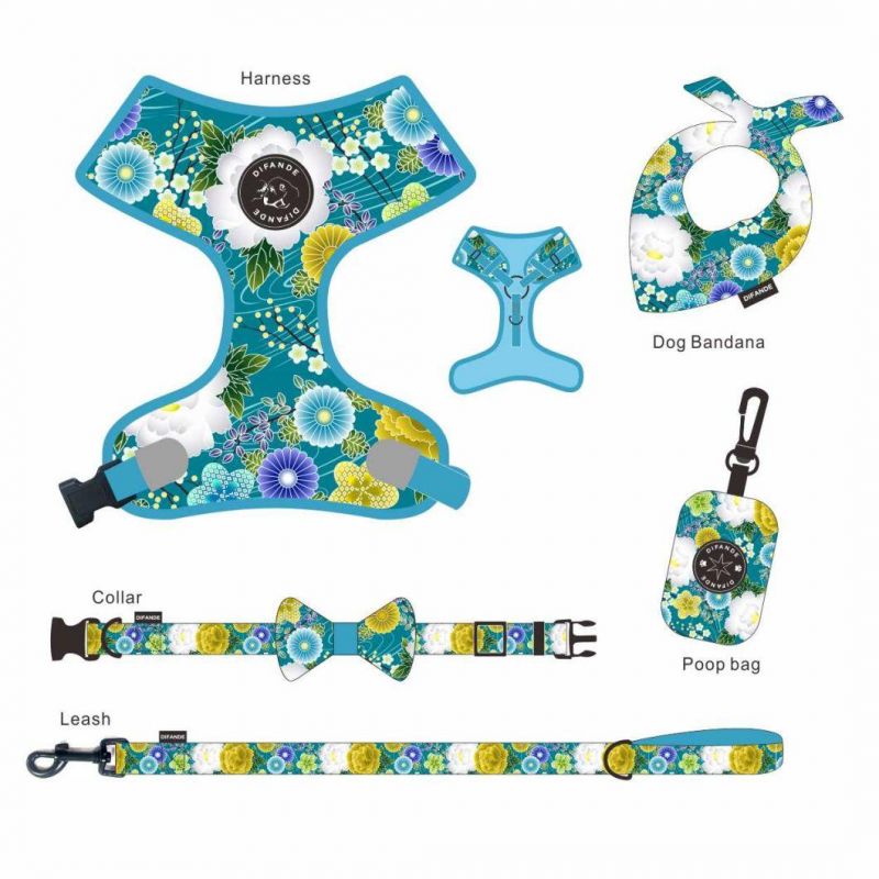 Manufacturers Designer Custom Pattern Luxury Printed Mesh 2 in 1 Reversible Dog Harness Collar Leash Bandana Set