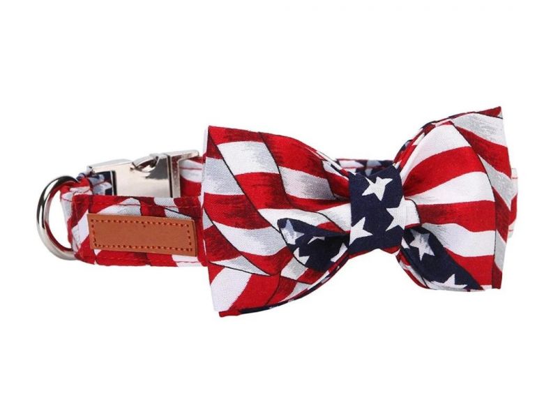 Soft Comfortable Dog Cat Collar Bowtie and Adjustable Collar with American Flag