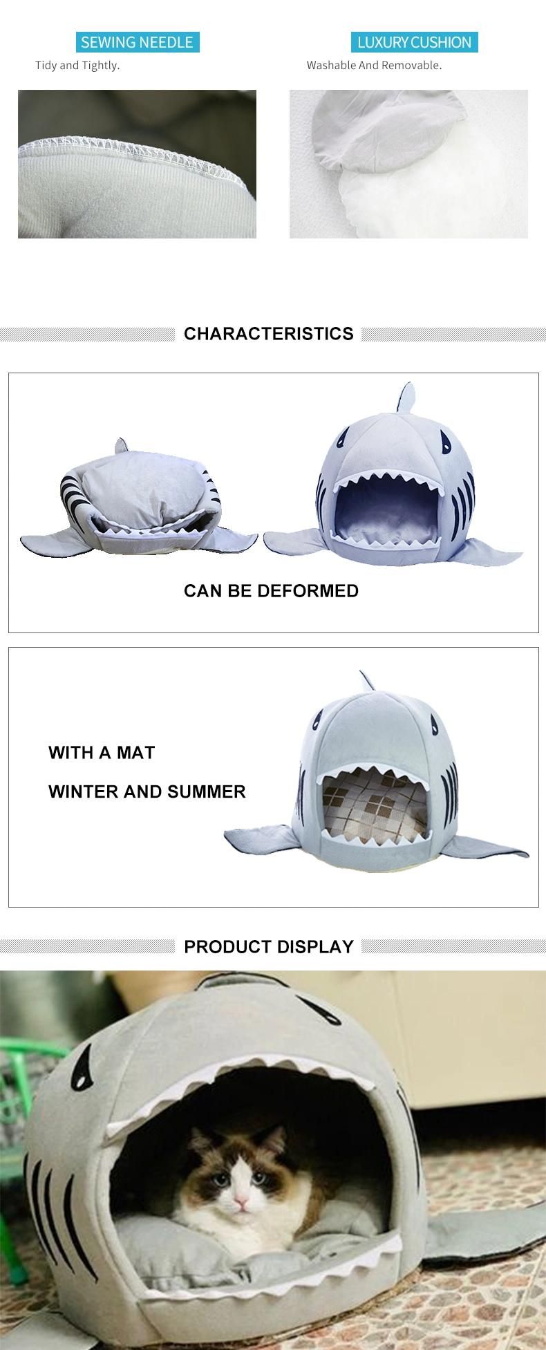 Popular Cartoon Shark Shaped Design Pet Keep Warm Beds Washable Detachable Pet Cat Cave Beds House