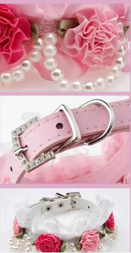 Stylish Flower Lace Pearl Pink White Black Dog Collar Cat PU Leather Collar Necklace Pet Accessories Supplies