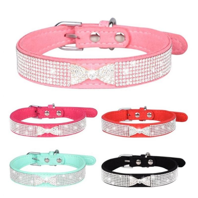 Crystal Diamond Bow Pet Collar Soft Suede Cat Collar