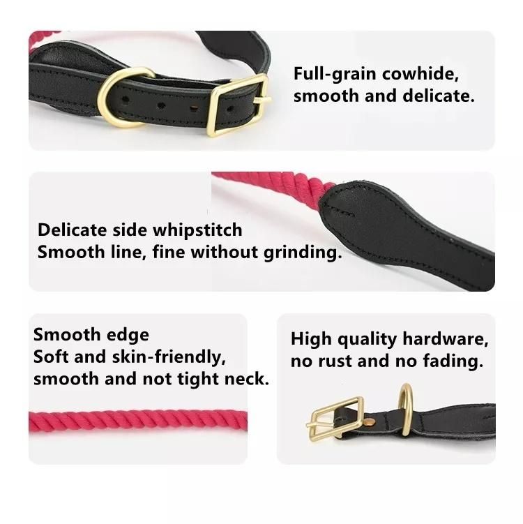 Luxury Cow Leather Organic Natural Cotton Braided Dog Climbing Rope Collar and Leash Set
