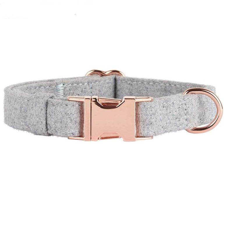 Grey Soft Tweed Dog Collar with Rose Gold Buckle for Dogs
