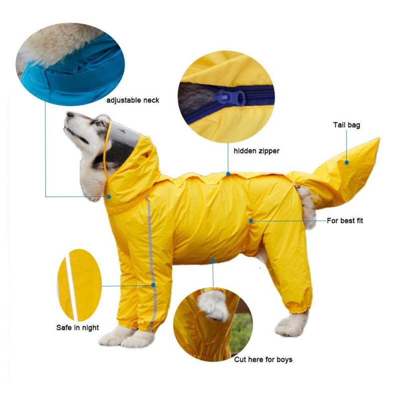 Wholesale Custom Comfortable Large Pet Clothes Safety Reflective Waterproof Pet Dog Fourlegs Raincoat