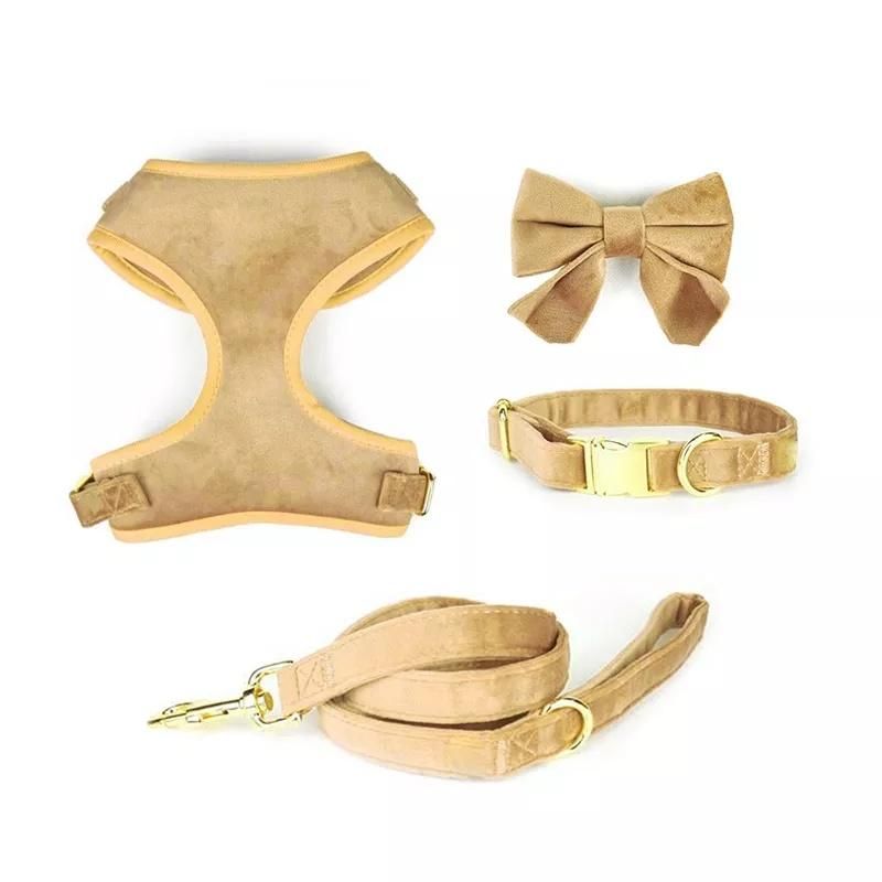 Luxury Dog Collar and Leash Velvet Custom Pet Harness Set Poop Bag W/ Gold Metal Buckle, Dog Harness