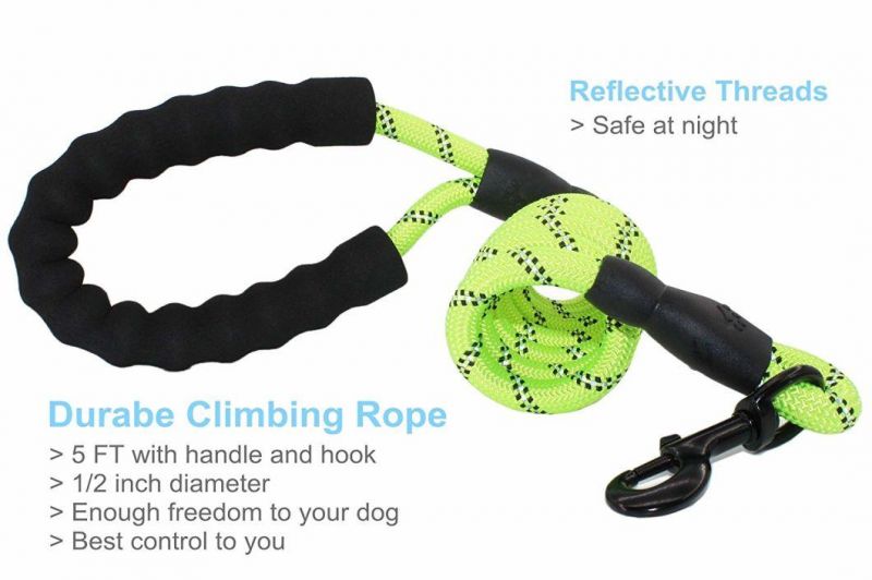 High Quality Strong Durable and Thick Round Rope Nylon Reflective Green Color Pet Dog Dog Leash with Comfortable Padded Handle