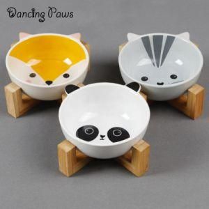 2019 Ins Hot Bamboo Wooden Holder Stand Cartoon Ceramic Cat Bowl Pet Food Water Bowl Set