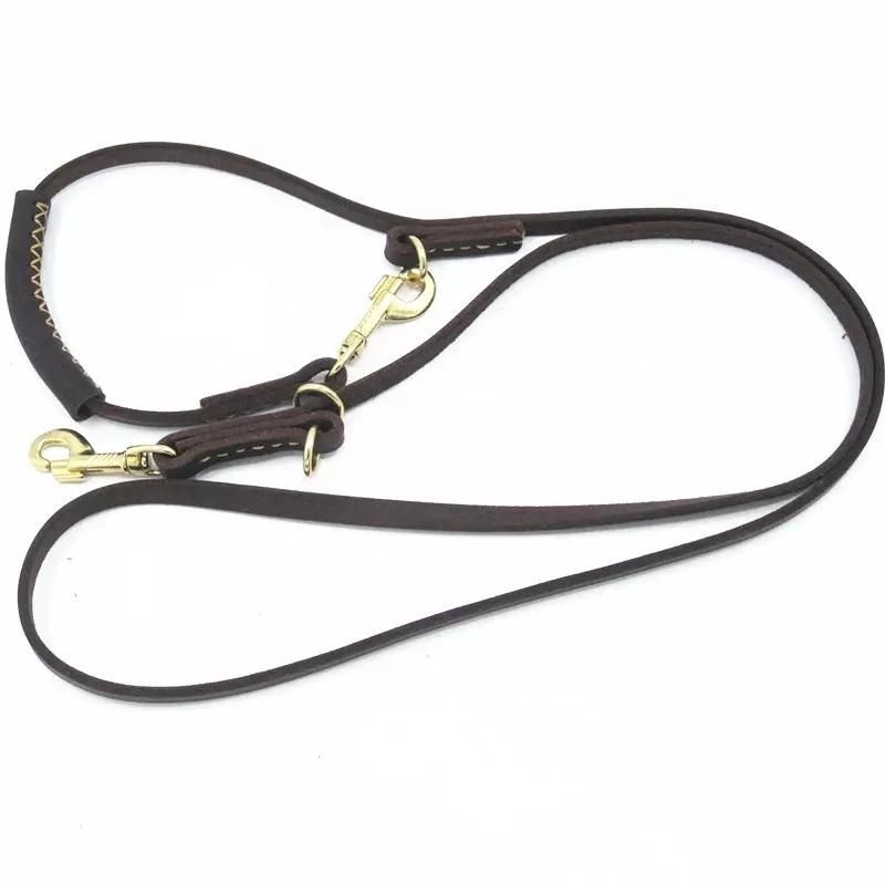 Factory Wholesale Handmade Leather Dog Leash with Two Training Loops.
