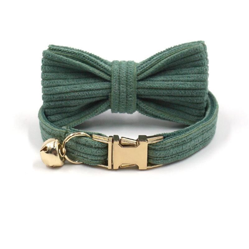 Unique Design Factory Price Cute Cat Collar with Bell Matched Bow Tie Custom Dark Green Corduroy Personalized Kitten Collars