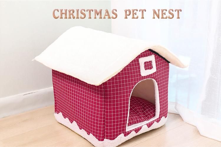 Christmas Winter Warm Indoor Soft Kennel Pet Large Dog House Doggy Beds with Mat Red Soft Dog House