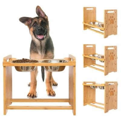 Adjustable Elevated Dog Bowls - Bamboo Raised Food &amp; Water Feeder Stand Holder for Small Medium Large Dogs with 2 Stainless Steel Bowls