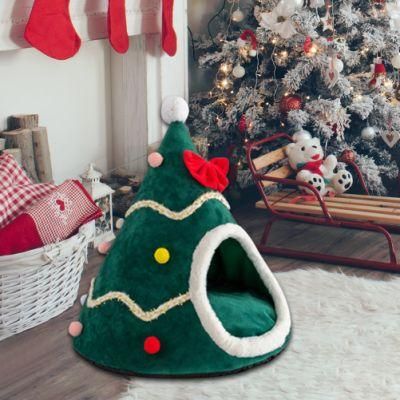 Christmas Tree Shape Dog Cat Bed House Home Warm Sleeping Bed Half Closed Bed