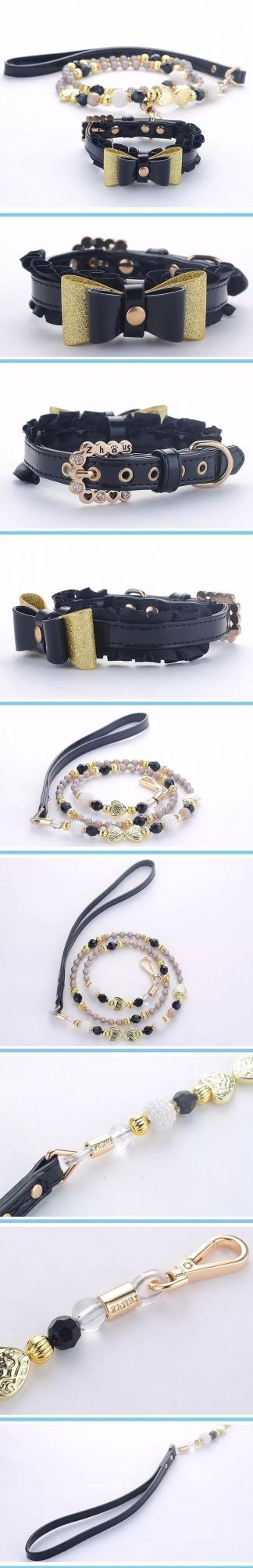 Fashion Jeweled Black Crystal Bow Dog Collar and Leash Set for Pet Cat Small Dog Leash Pearl Necklace Chain