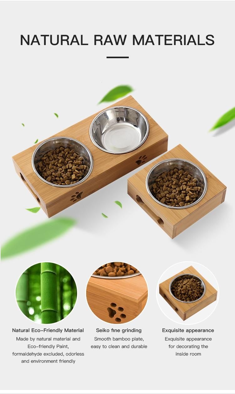 Bamboo Pet Feeder Stainless Steel Bowl Food Water Dish