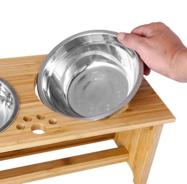 Hot Sale Pine Wood / Bamboo Elevated Dog and Cat Pet Feeder with Two Stainless Steel Bowls