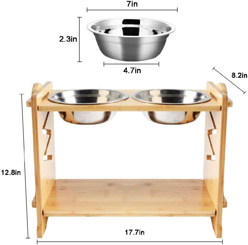 Elevated Double Bowls with Bamboo Stand Adjustable Pet Feeder