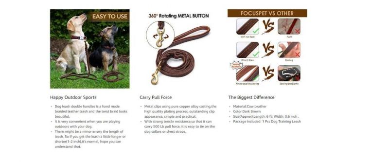 Heavy Duty Leather Dog Leash with 2 Handles, Padded Traffic Handle for Extra Control, 6FT Dog Training Walking Leashes