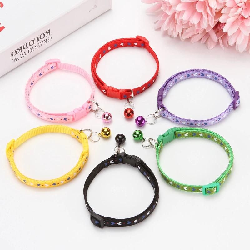 Wholesale Multi Colors Heart Shape Printed Adjustable Nylon Pet Cat Dog Collar with Bell