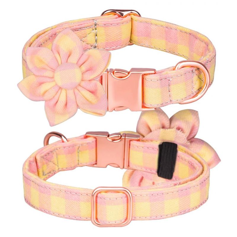 Colorful Plaid Flower Dog Collar with Rose Metal Buckle