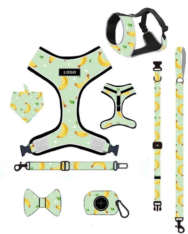 Custom Dog Harness Logo Reflective Reversible Luxury Pet Dog Vest Collars Harness and Leash Set with Bow Tie Bandana