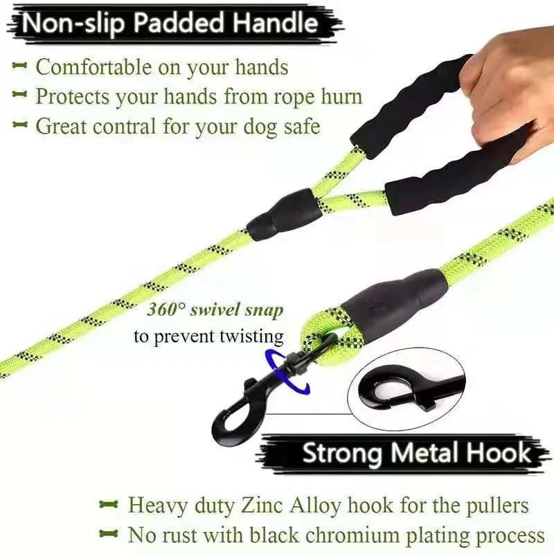 New Nylon Reflective, Round Rope Double Padded Handle Dog Leash//