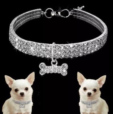 Wholesale 3 Rows Rhinestone Elastic Pet Crystal Necklace Dog Collar with Jewelry Tag