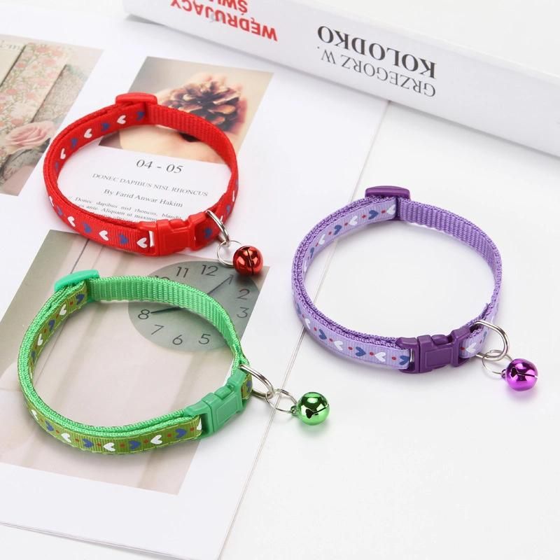 Wholesale Multi Colors Heart Shape Printed Adjustable Nylon Pet Cat Dog Collar with Bell