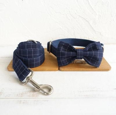 Dark Blue Plaid Polyester Matching Dog Collar and Leash and Bow Tie