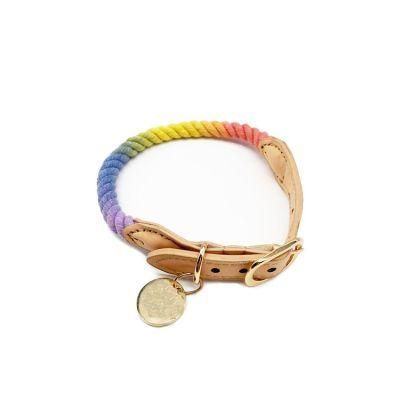 Fashion Handmade Dog Rope Collar Braided Cotton Rope Dog Collar Rainbow Luxury Leather Go with Gradient Color Woven Rope Collar