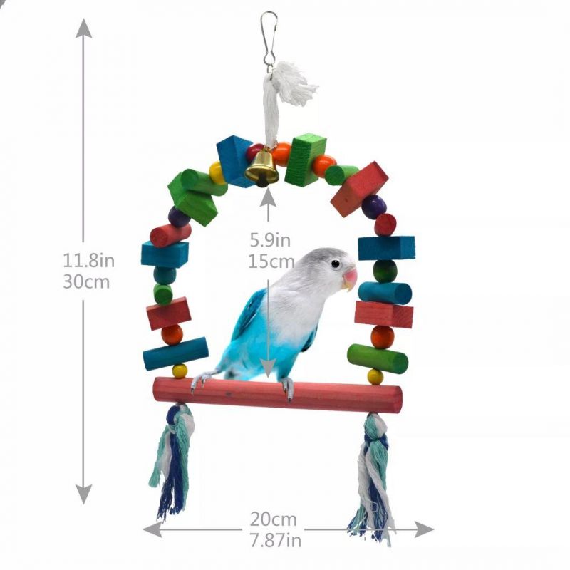 Parrot Standing Perch Toy Pet Birds Wooden Climbing Swing Ladder with Bells Nature Wood Chewing Hanging Bridge