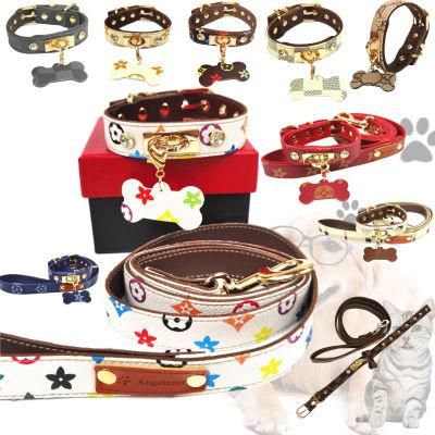 Custom Designer Adjustable Luxury Fashion Pattern Leather Dog Collar and Leash Set