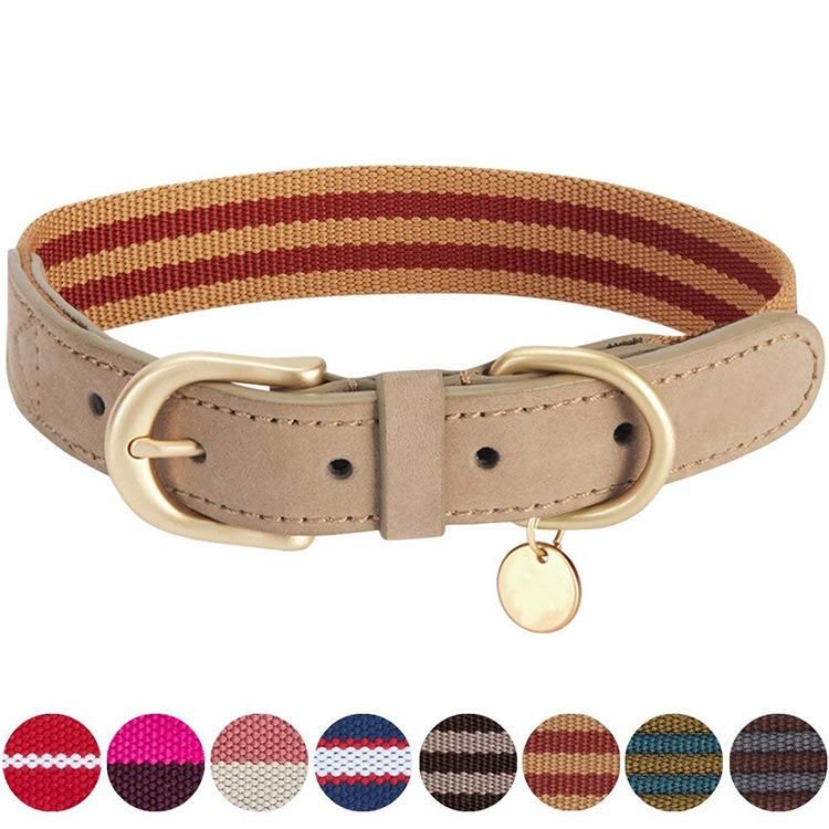 Multicolor Durable Genuine Leather Luxury Cowhide Nylon Pet Dog Collar with Copper Buckle