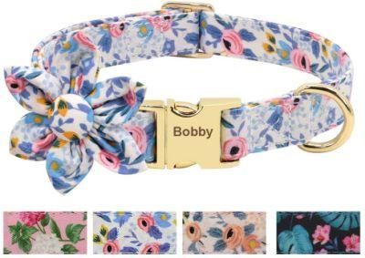 Floral Pattern Engraved Pet Collars with Personalized Gold Buckle