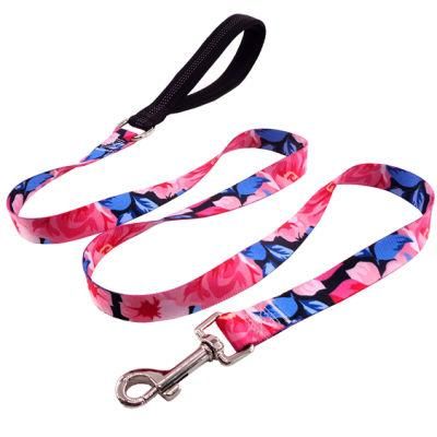 Red Flowers Print Dog Leash with Soft Black Handle