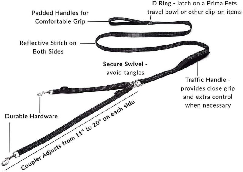 Premium Reflective Double Dog Leash with 2 Padded Handles