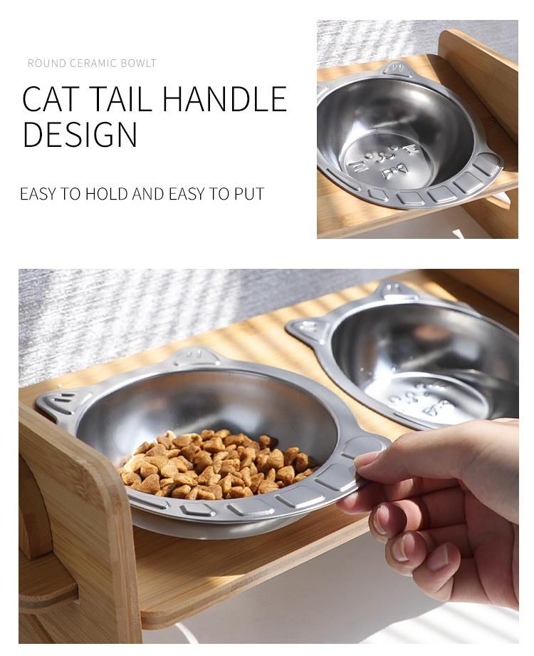 Amazon Hot Selling Pet Supplies Products Toy Stainless Steel Bowl Bamboo Stand Pet Feeder Cat Feeding Bowl