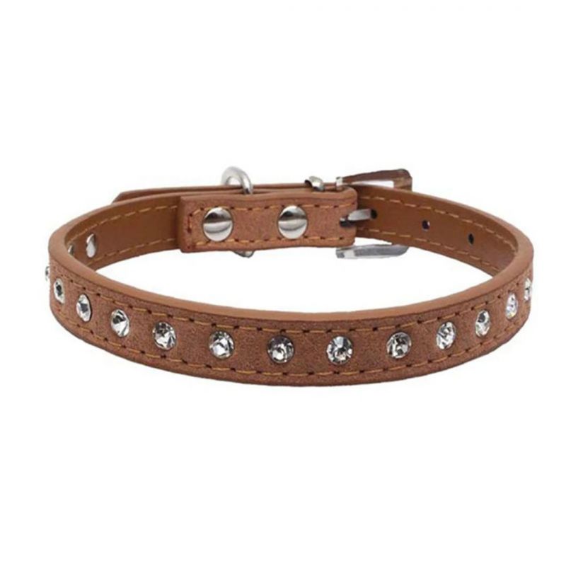 One Row Bling Diamond Cat Collar Suede Leather Pet Collar