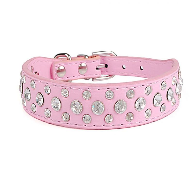 Three Rows Sparkling Rhinestones Pet Collar Durable PU Dog Collar