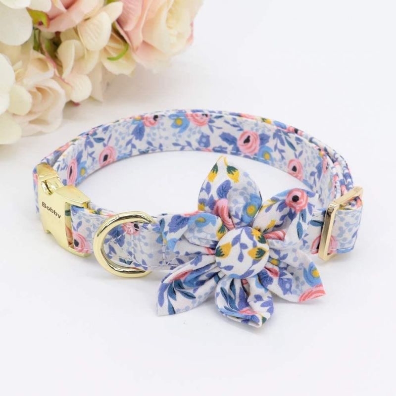 Floral Pattern Engraved Pet Collars with Personalized Gold Buckle