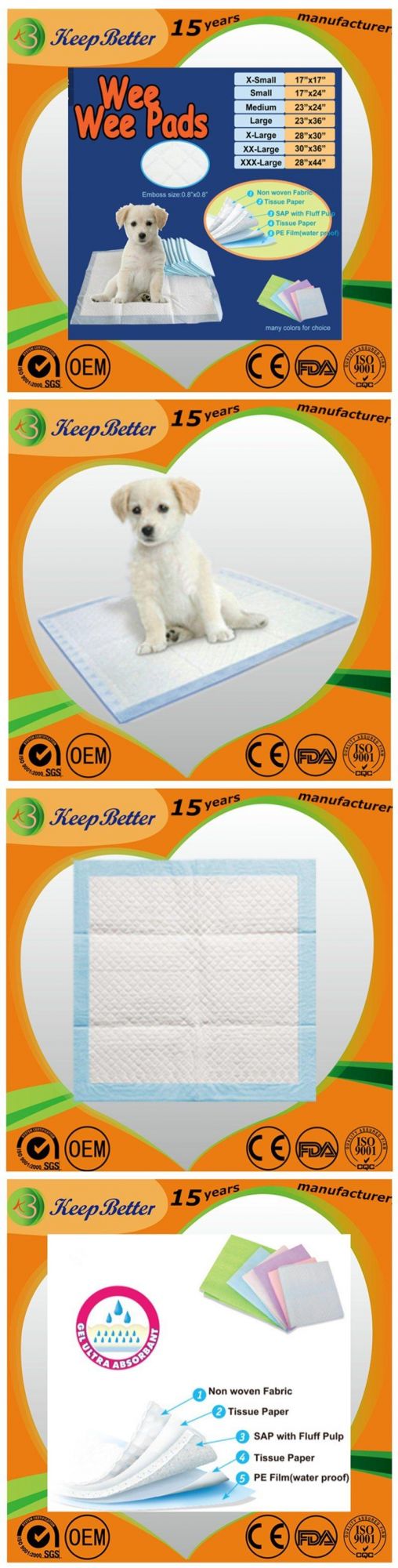 Various Sizes Customized Production Disposable Pet Dog Puppy Training Wee Wee Pads