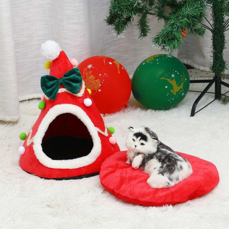 Christmas Tree Shape Dog Cat Bed House Home Warm Sleeping Bed Half Closed Bed