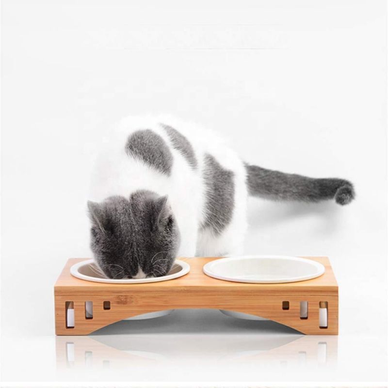 Pet Feeder Bamboo Bowl Food Water Dish Ceramic Gift