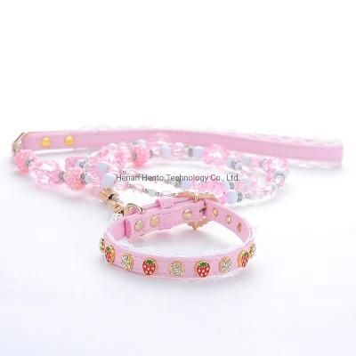 Cute Pink Strawberry Jeweled Crystal Dog Collar and Pet Leash Set