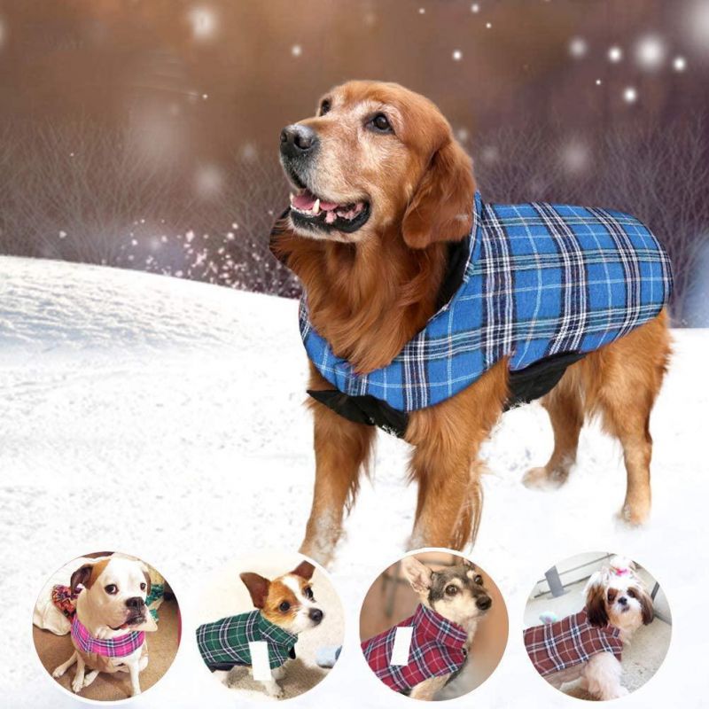 Waterproof Windproof Reversible British Style Plaid Dog Vest Winter Coat Warm Dog Apparel for Cold Weather with Furry Collar
