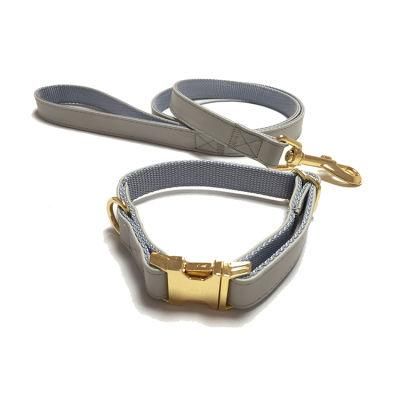 Soft Leather with Nylon Webbing Dog Collar Leash Set