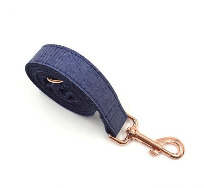 Manufacturer Pet Products Hot Sale Denim Dog Collar Leash Combo Pet Collars Leash Poop Bag Holder Set with Bow Tie