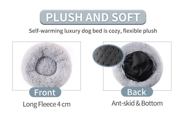 Long Faux Fur Pet Bed Comfortable Waterproof Plush Donut Round Dog Bed Cat Bed Removable Pet Cushion