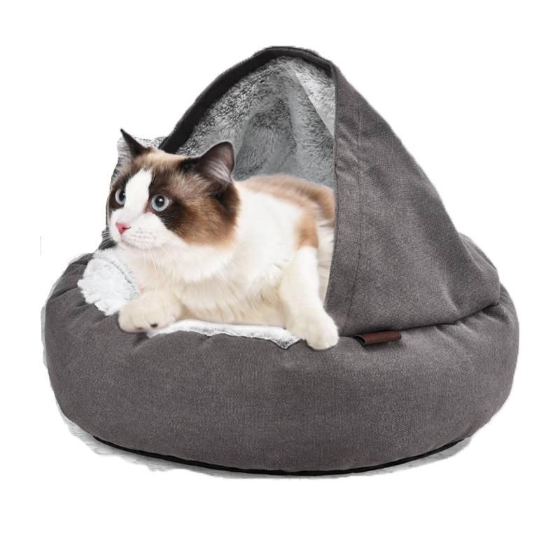 Round Soft Plush Burrowing Cave Hooded Cat Bed
