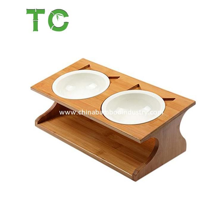 Bamboo Elevated Pet Bowls, Raised Dog Cat Feeder with Ceramic Food Feeding Bowl